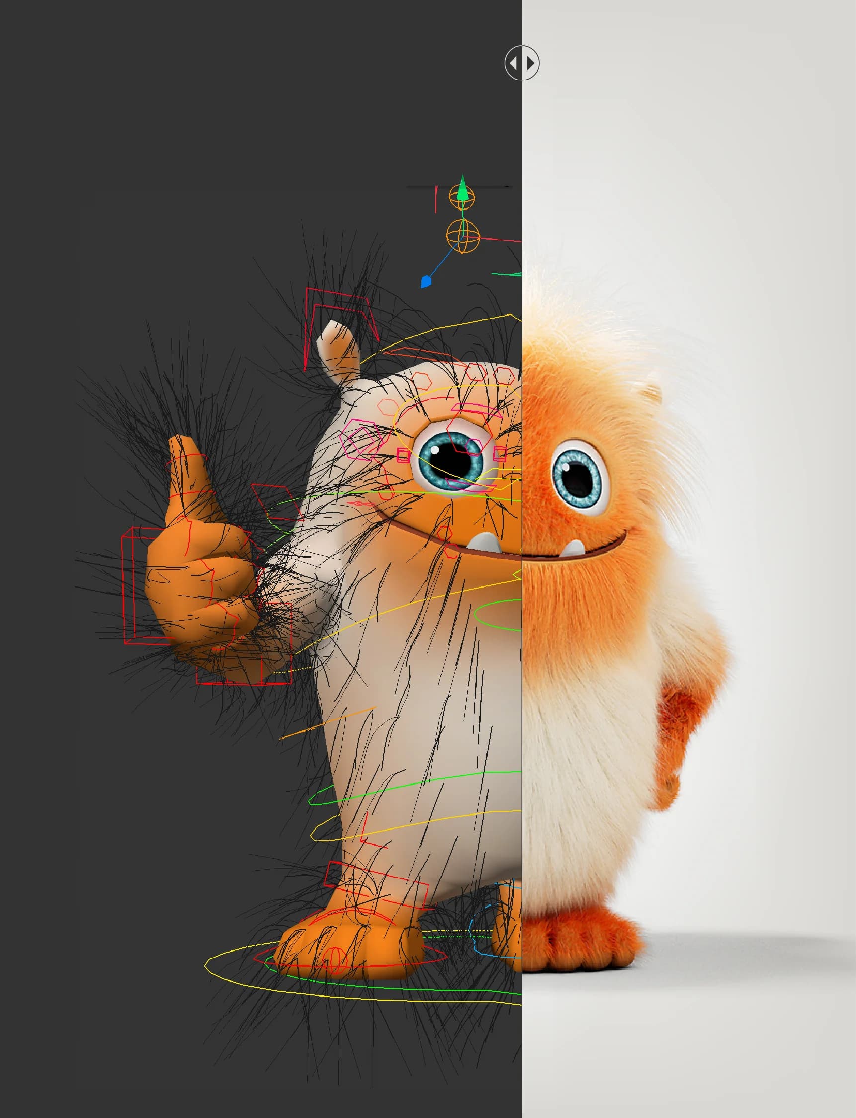 La mascotte divisé en deux entre prévisualisation dans le logiciel de modélisation 3D et rendu 3D